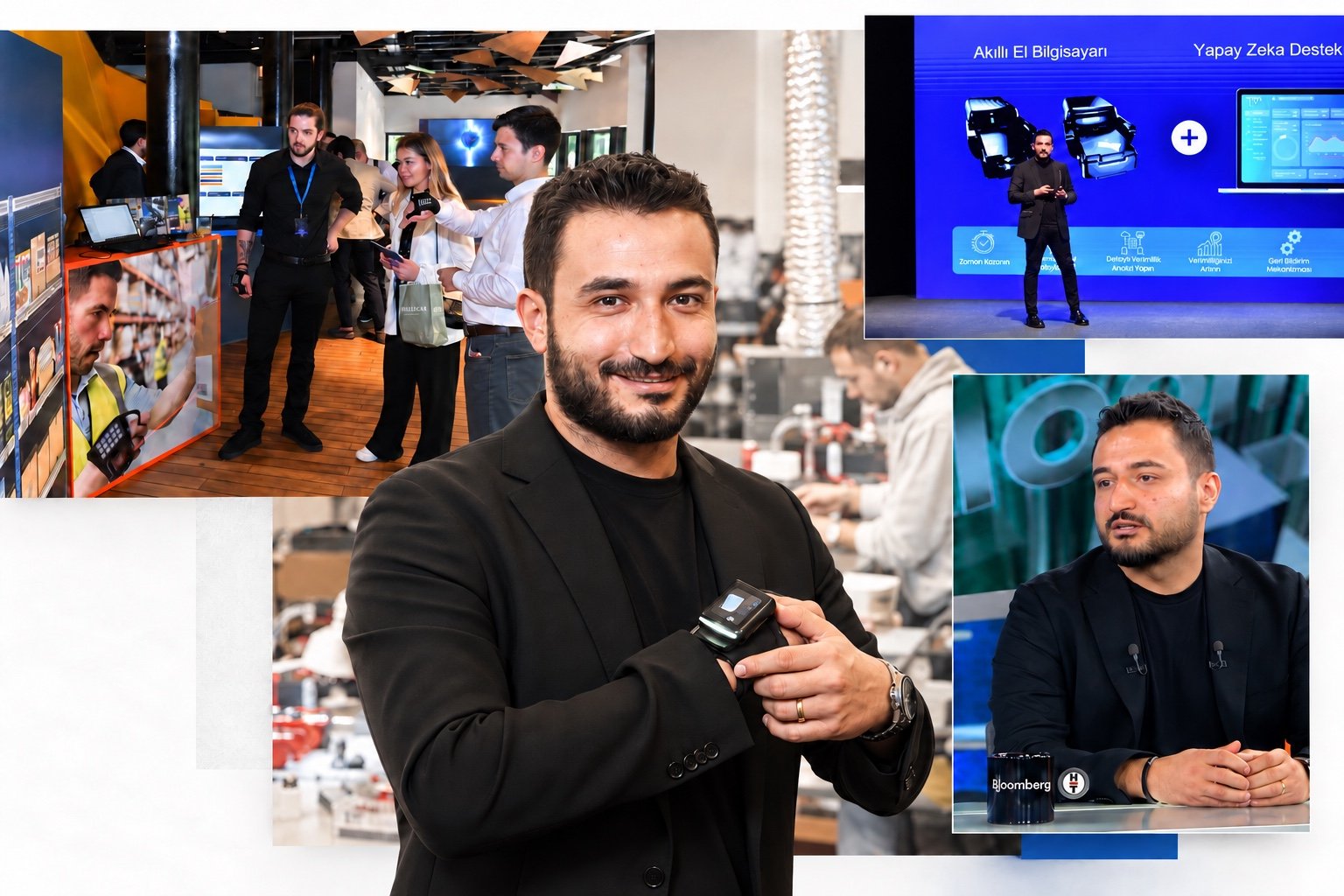 Editorial collage of Thread In Motion's launch stage presentation and product demonstration, Kadir Demircioğlu in the workshop and his Bloomberg HT interview.