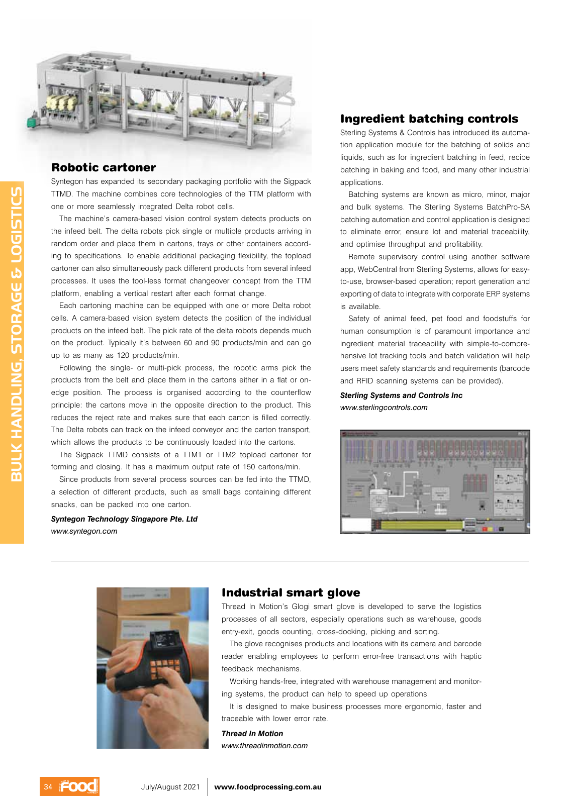 What's New in Food Technology & Manufacturing, July/August 2021 — archived press clipping about Thread In Motion