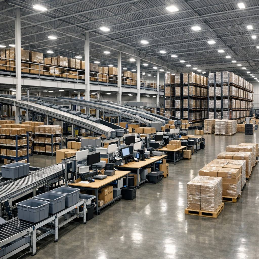 Clean distribution center with efficient workflow and organized product storage systems