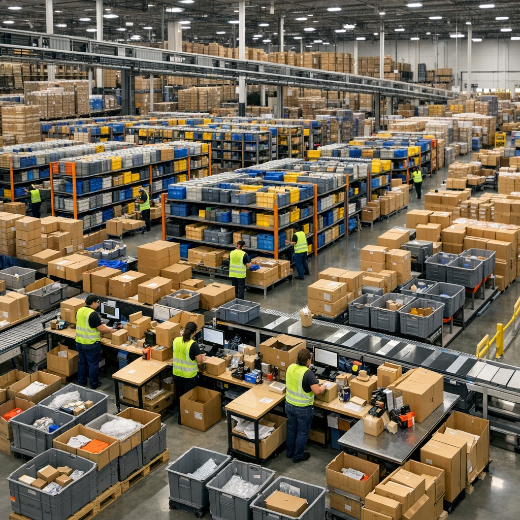Efficient e-commerce fulfillment center with organized picking zones and streamlined packing operations