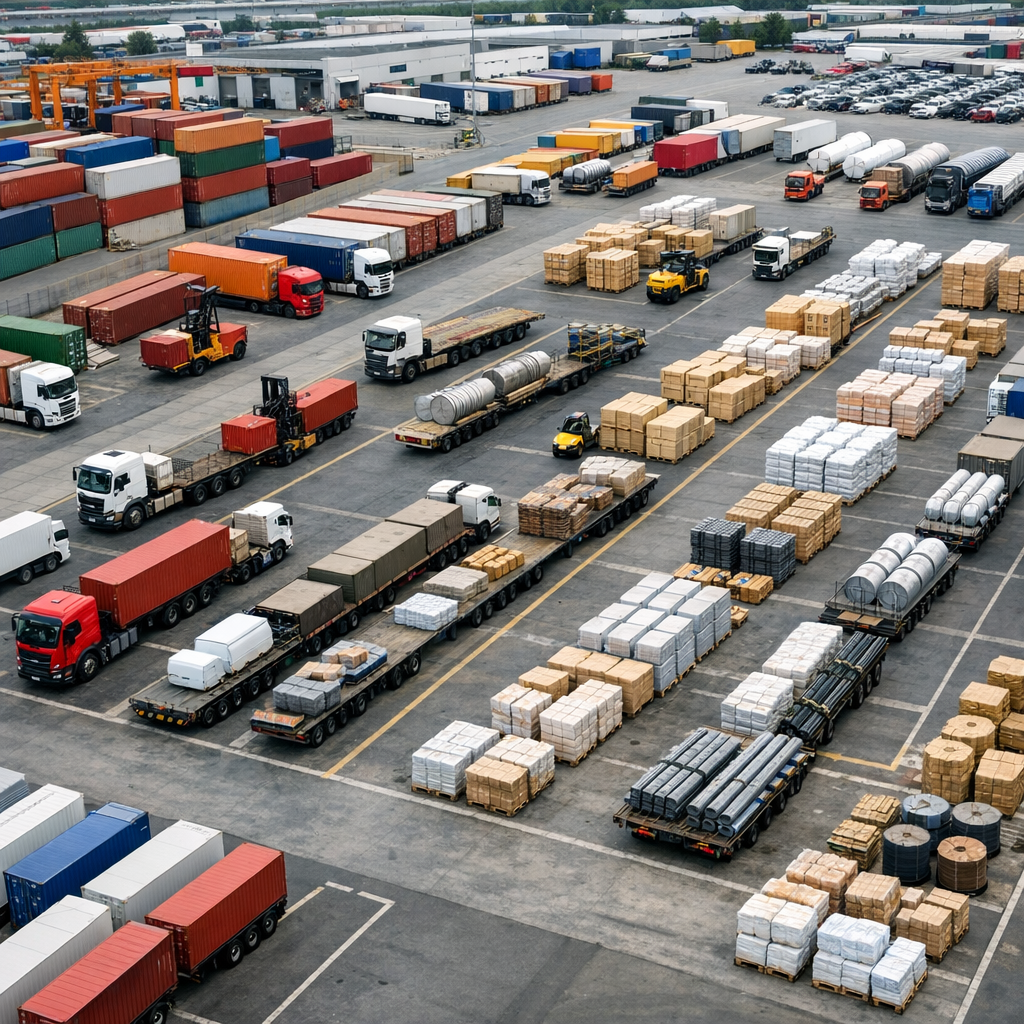 Organized freight terminal with clear cargo handling zones and efficient loading operations