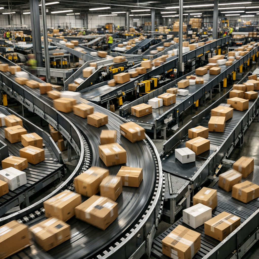 Fast-paced parcel sorting facility with organized package flow and efficient processing systems