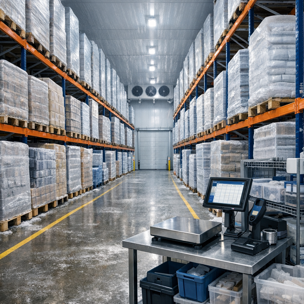 Temperature-controlled warehouse with organized cold storage and precise inventory tracking