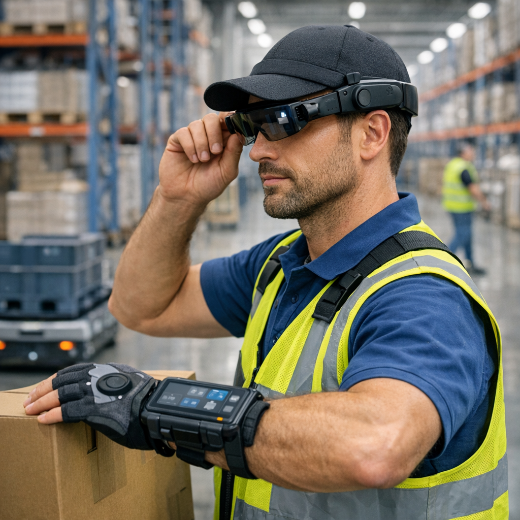 Warehouse worker using TIM wearable technology in modern distribution center